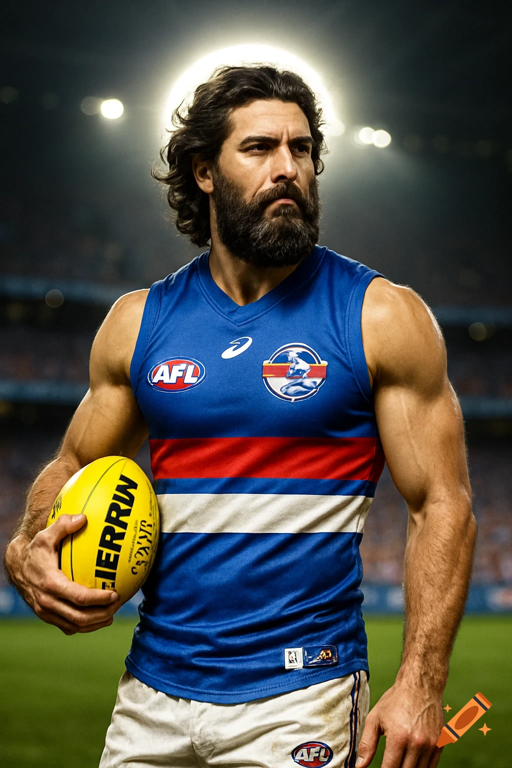 Photorealistic muscular AFL player with long dark hair and beard in a blue, red, and white jersey, holding a yellow football on a stadium field.