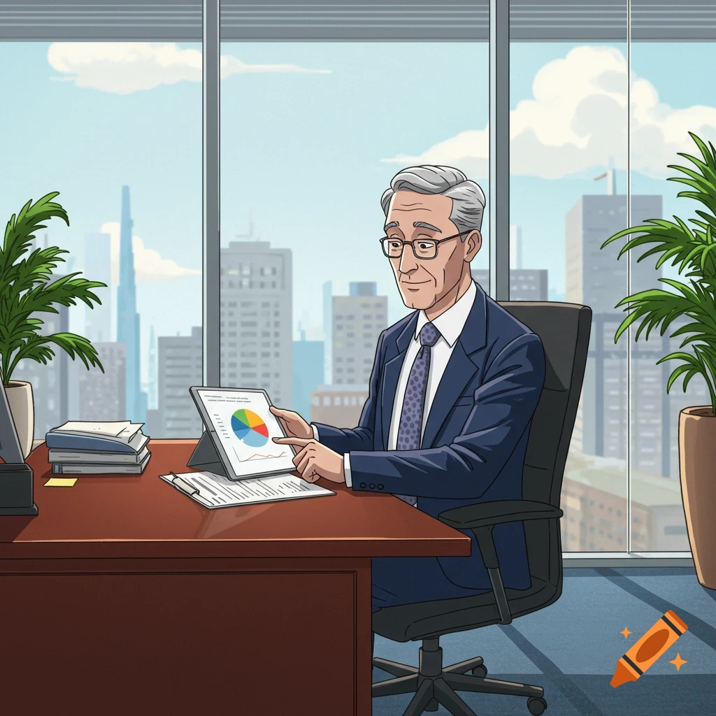 Cartoon man in a suit working at an office desk with a tablet showing a pie chart, city skyline in background.