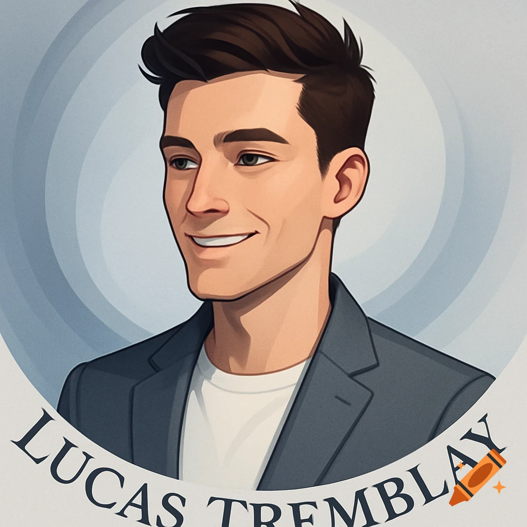 Stylized cartoon portrait of a smiling young man in a suit jacket, with his name Lucas Tremblay at the bottom.