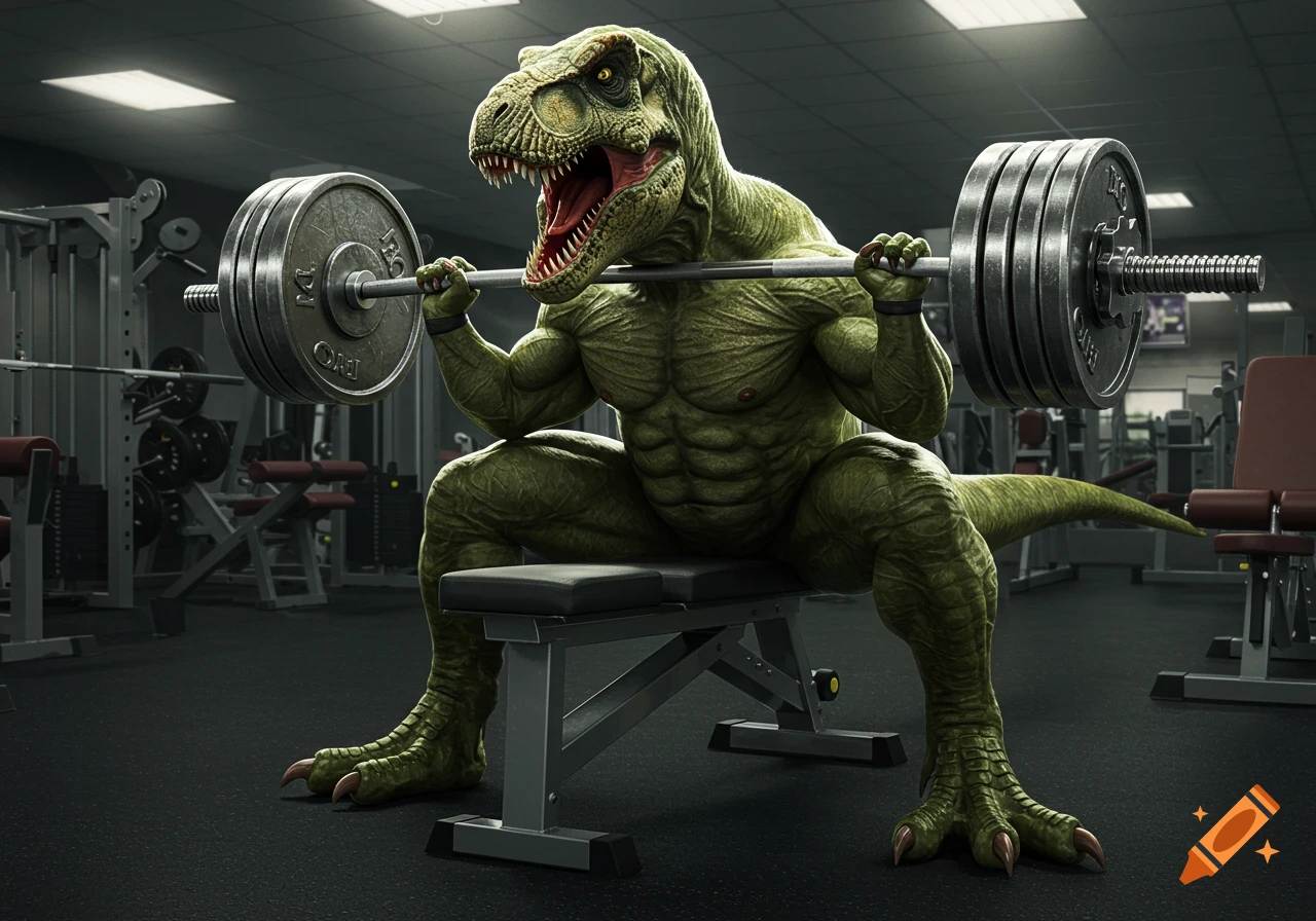 Muscular green T-Rex with a fierce expression bench pressing a heavy barbell in a modern gym, photorealistic style.