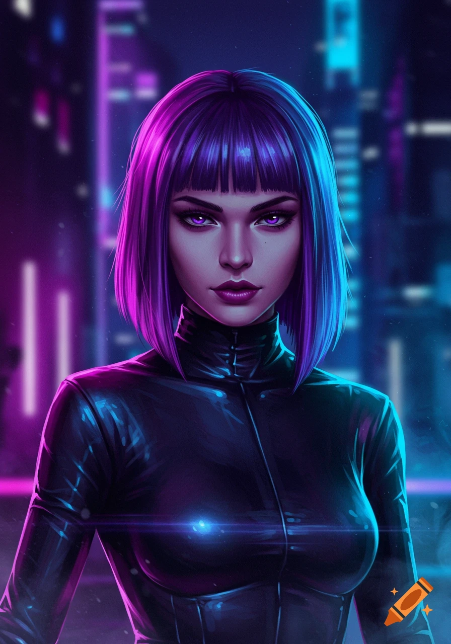 Close-up portrait of a woman with purple bangs and blue hair tips, wearing a black futuristic suit, in a neon city at night.