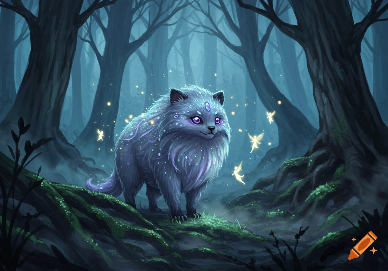 A fluffy, purple-eyed fantasy creature with glowing markings stands in a magical, dark forest with fireflies.