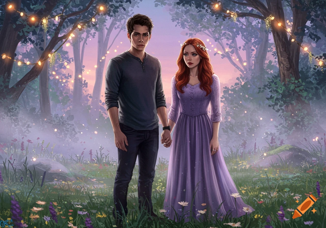 Digital painting of a man and a woman holding hands in an enchanted forest with glowing string lights and flowers.