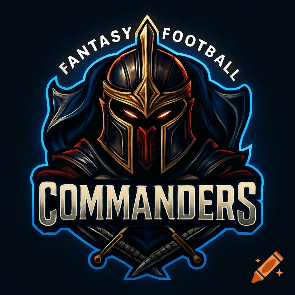 A stylized fantasy football logo with a dark helmet, glowing red eyes, crossed swords, and text 'Fantasy Football Commanders' with a blue outline.