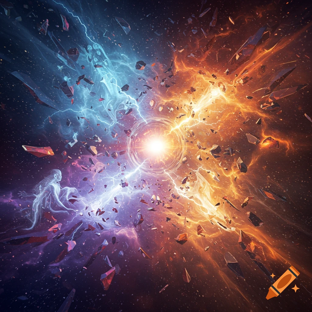 Cosmic explosion with a bright central light, blue and orange energy, shattering debris, and a translucent figure.