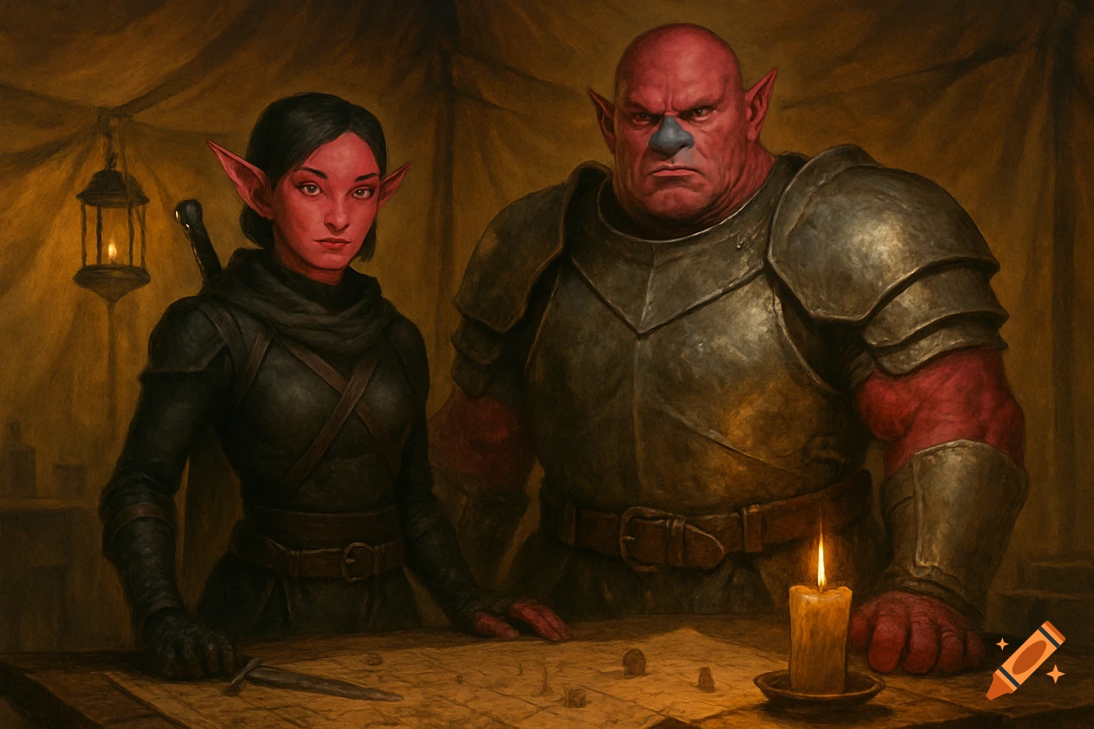 A red-skinned female elf in black leather and a red-skinned male orc in plate armor stand over a map in a candlelit tent, in a digital painting style.