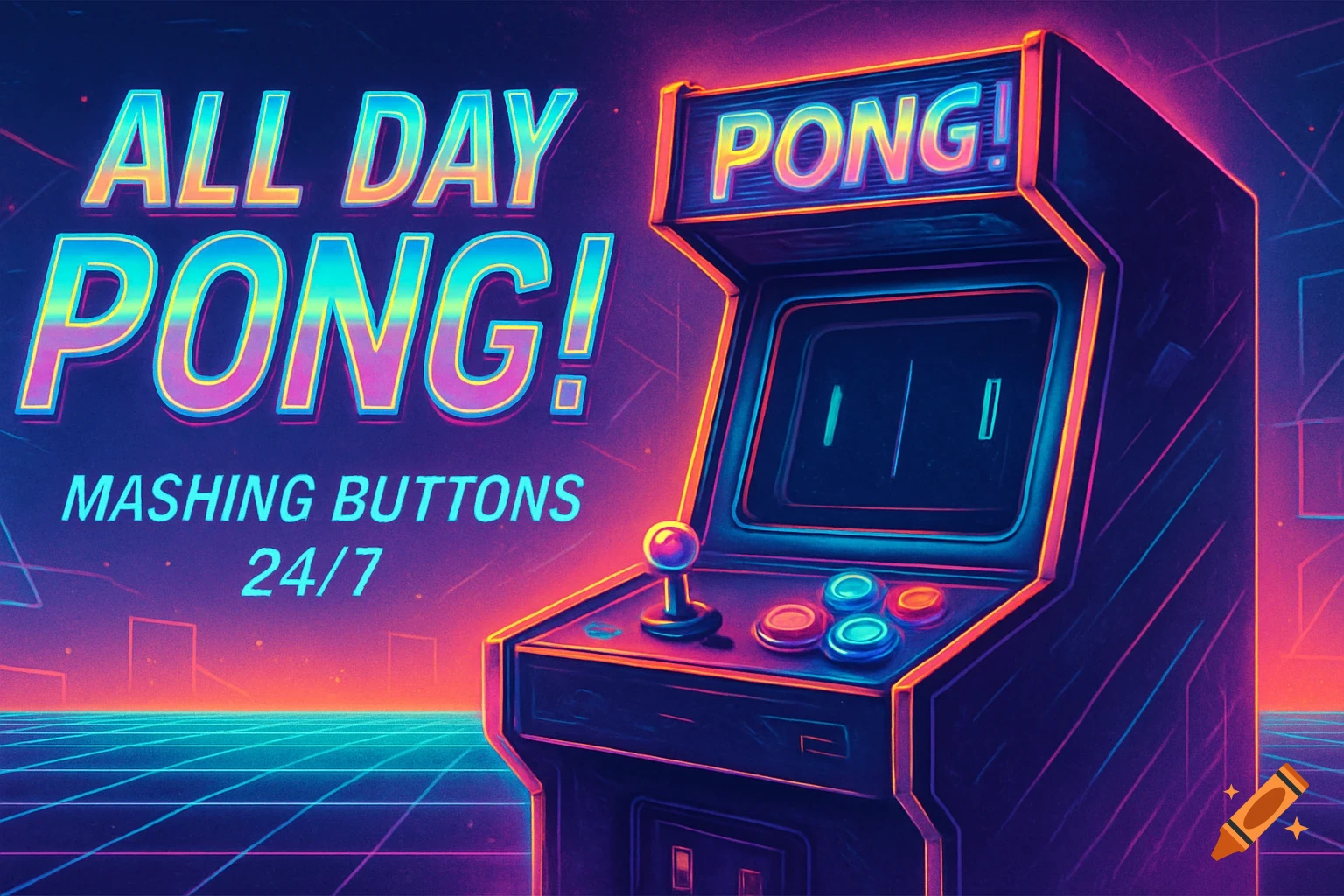 Retro 80s neon arcade scene with an arcade cabinet and 'ALL DAY PONG! MASHING BUTTONS 24/7' text.