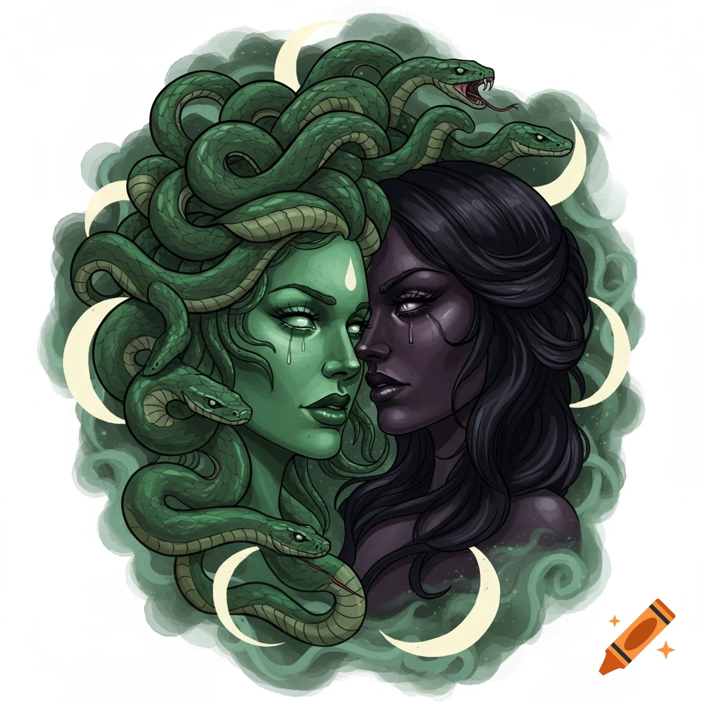Stylized tattoo design of a green-skinned Medusa with snakes for hair facing a dark-haired woman, surrounded by crescent moons and mist.