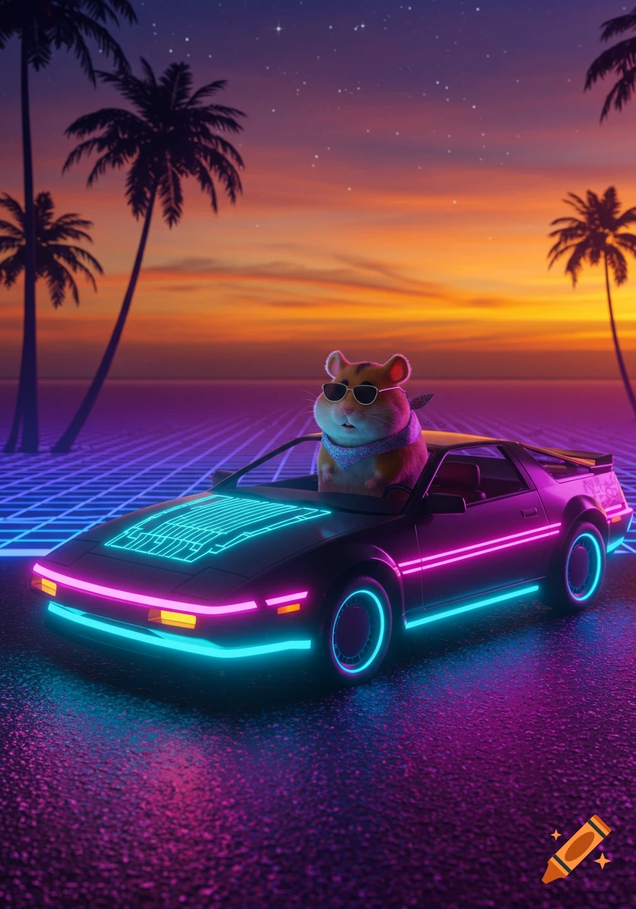 A cute hamster in sunglasses and a bandana drives a neon-lit car on a grid road against a synthwave sunset with palm trees.