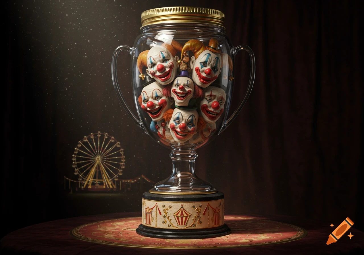 A glass trophy jar holds several colorful clown heads, set on a red table with a distant carnival ferris wheel.