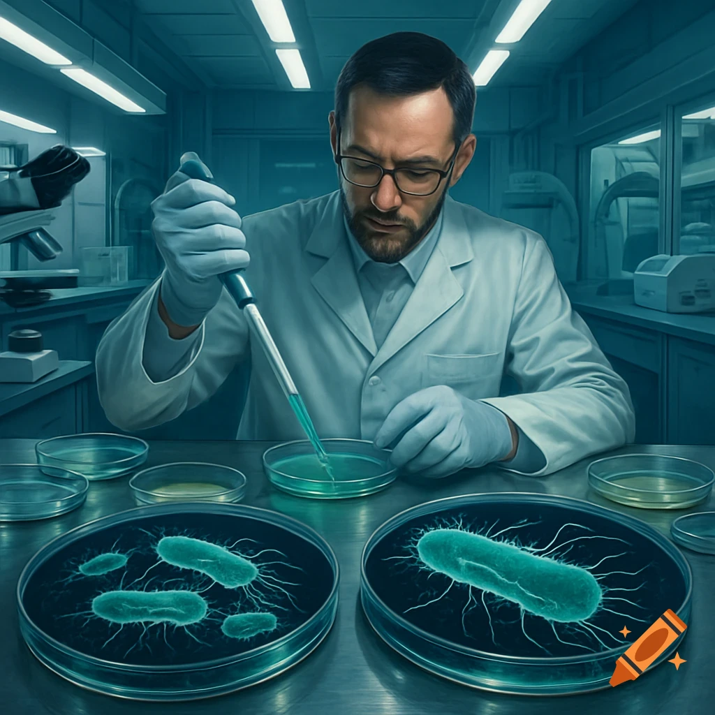 A bespectacled scientist in a lab coat and gloves pipettes liquid into a petri dish, with other dishes showing microscopic bacteria.