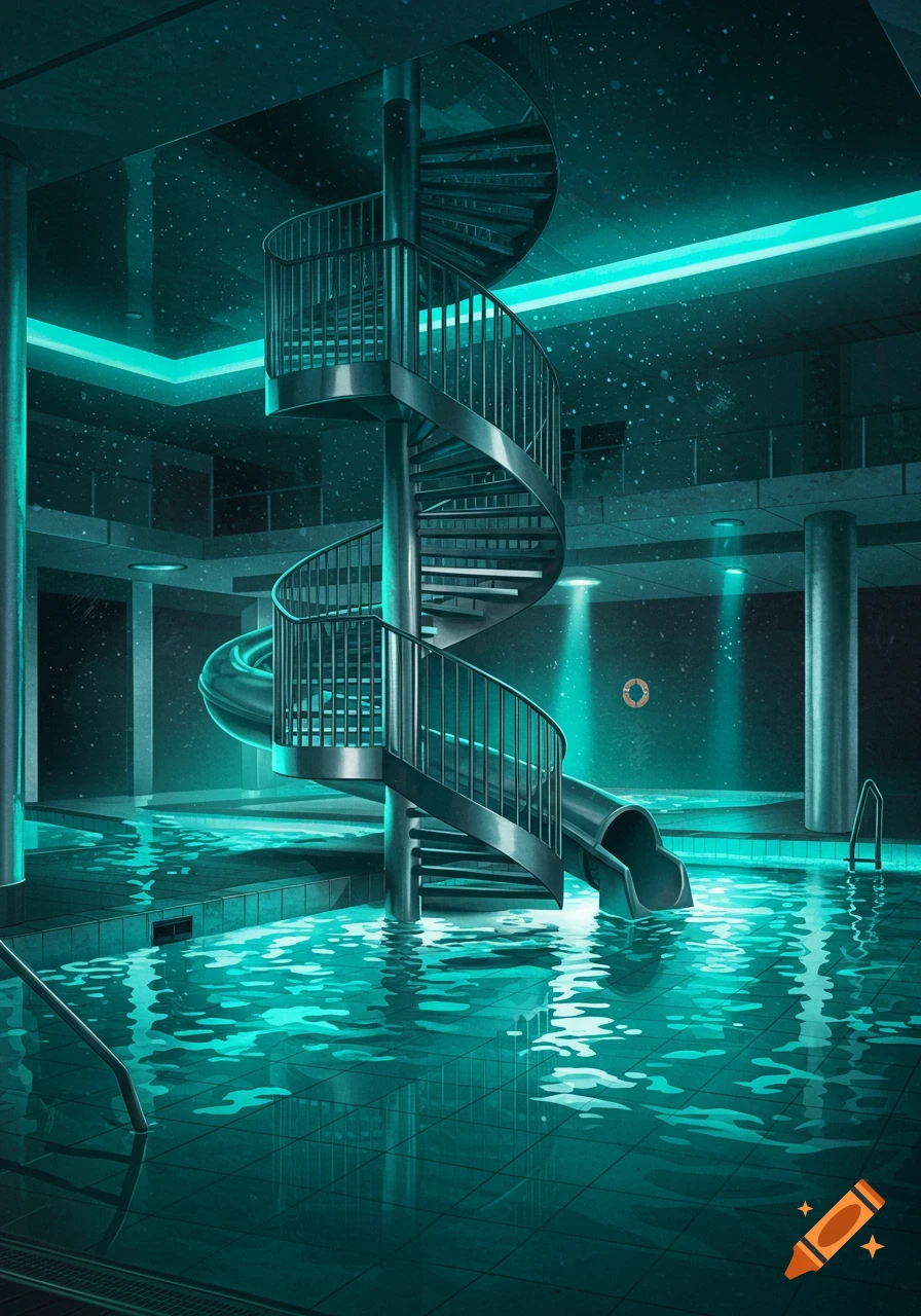 An indoor swimming pool at night with vibrant teal lighting, featuring a large metal spiral staircase leading to a slide into the pool.