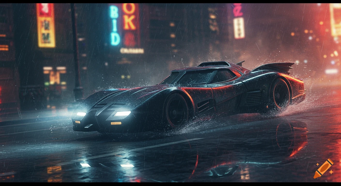 A sleek black futuristic car, resembling the Batmobile, speeds through a neon-lit rainy city street, splashing water.