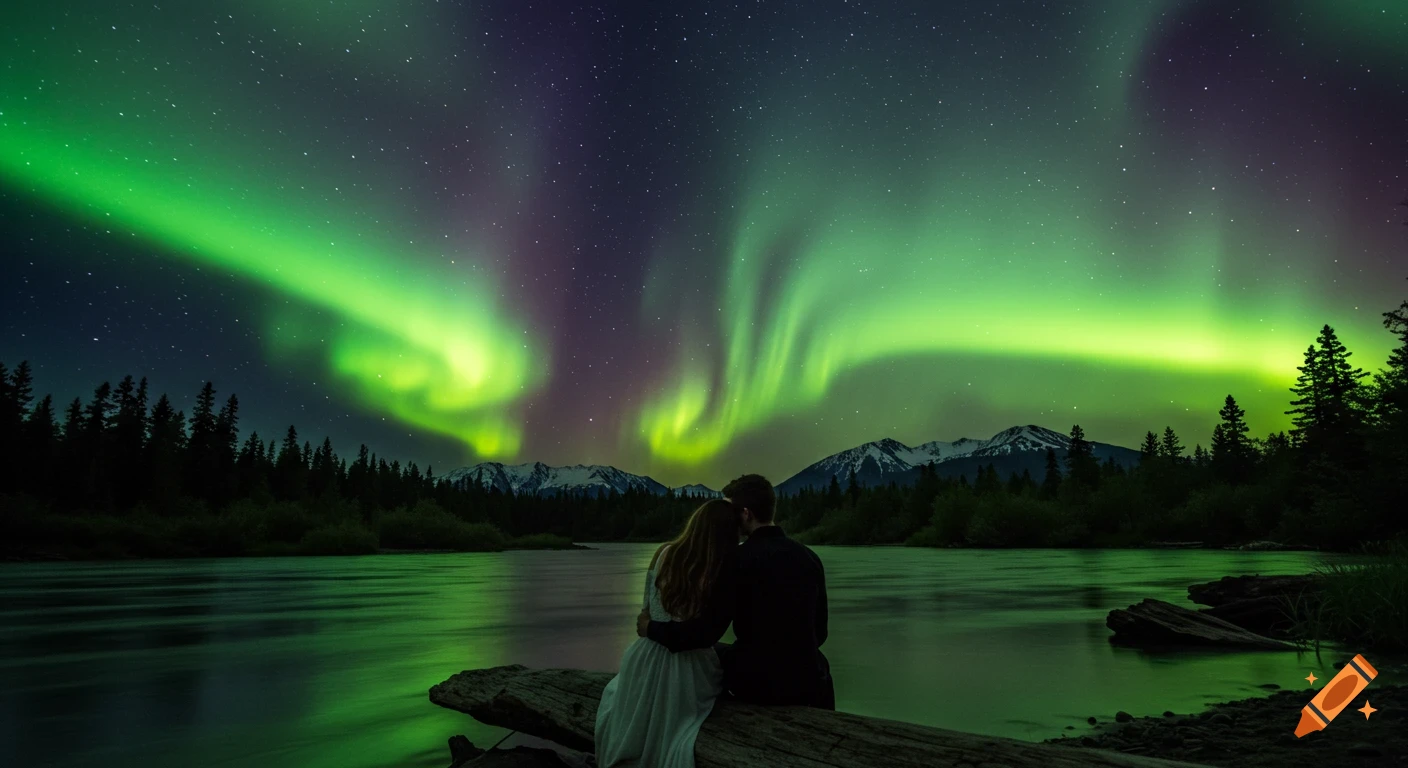 A couple sits on a log by a river, viewing a vibrant green and purple aurora borealis over mountains and a forest at night.