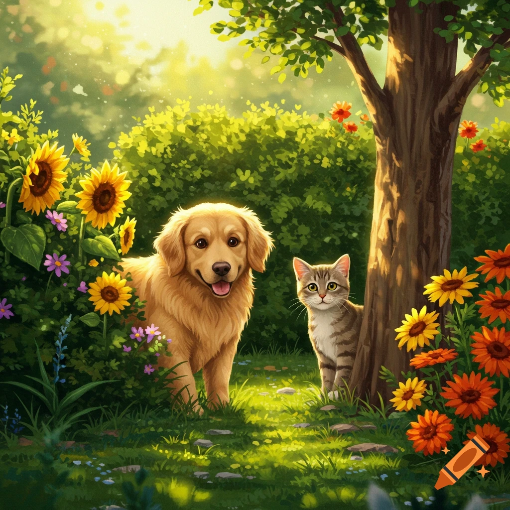 An illustrated golden retriever dog and tabby cat stand in a sunny garden with sunflowers and a tree.