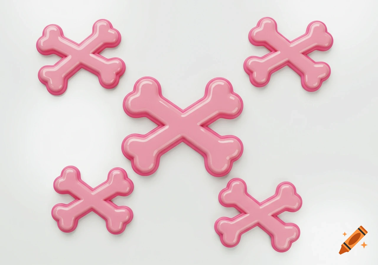 Five glossy pink crossed bone shapes with a tactile, embossed effect on a white background.