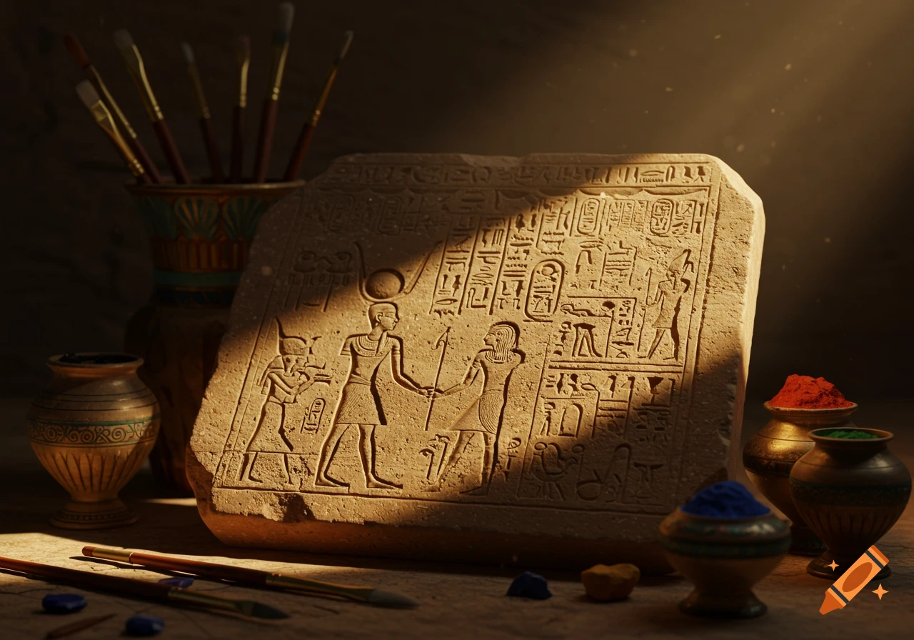 A detailed still life features an ancient Egyptian stone tablet with hieroglyphs, surrounded by paintbrushes, pigments in small pots, and ceramic vases, bathed in dramatic sunlight.