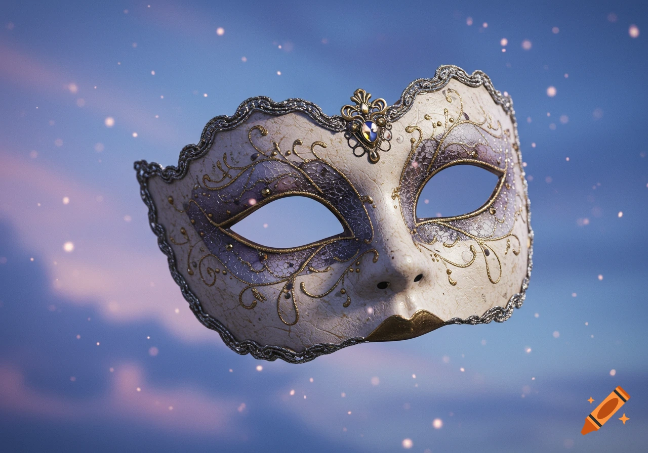 An ornate, cream and gold masquerade mask with purple accents and a small gem floats against a dreamy blue and purple sky with sparkling lights.