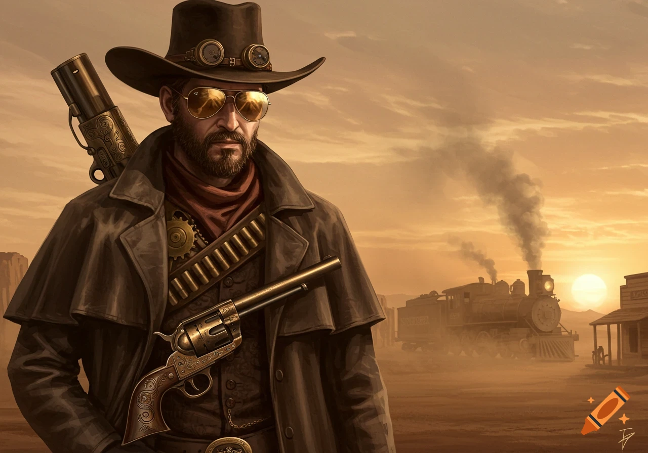 A steampunk cowboy with a beard, sunglasses, and a hat with goggles, holding a revolver, in a desert at sunset with a steam train and building in the background.