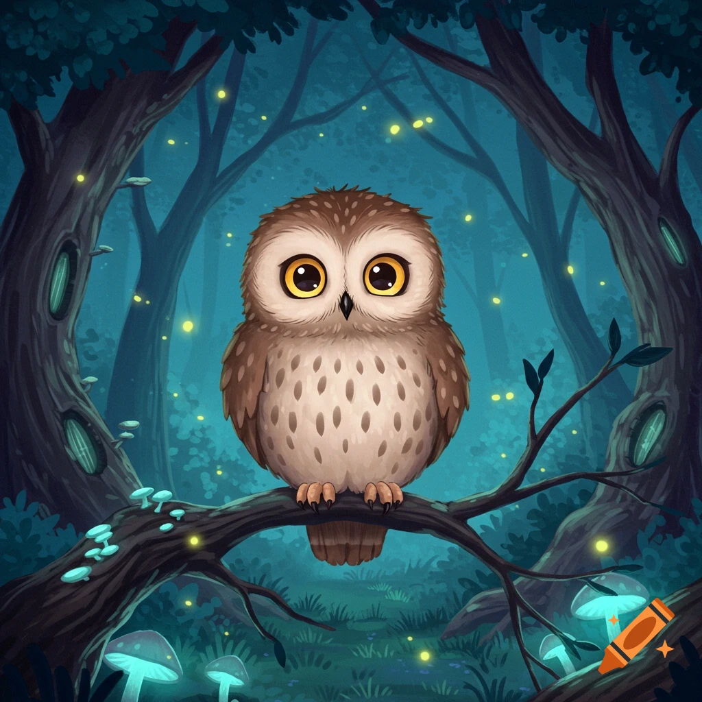 A cute, big-eyed cartoon owl perches on a branch in a dark, magical forest with glowing mushrooms and fireflies.