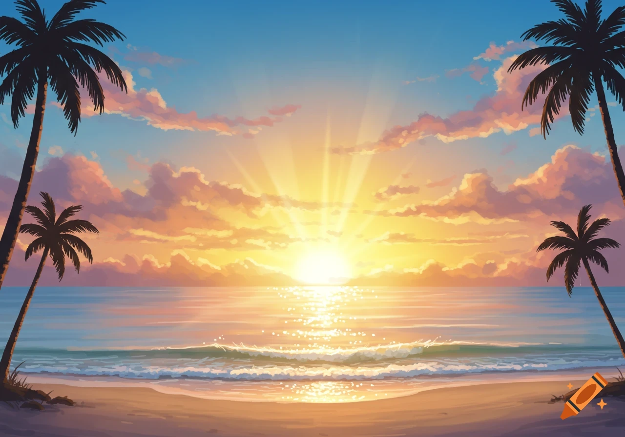 Vibrant tropical sunset over an ocean with waves on a sandy beach, framed by silhouetted palm trees.