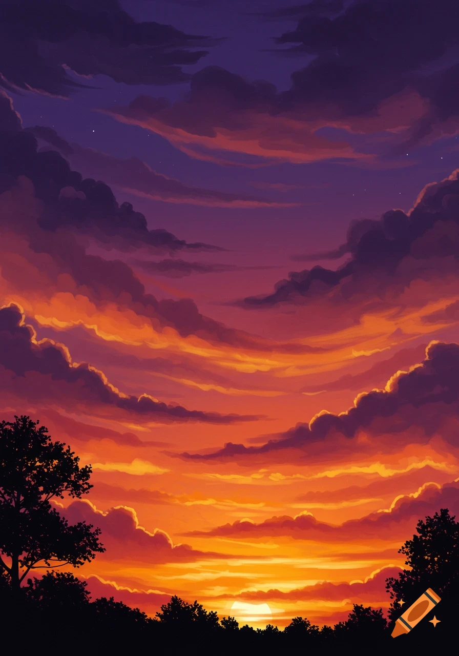 Vibrant orange and purple sunset sky with dramatic clouds over a dark forest silhouette.