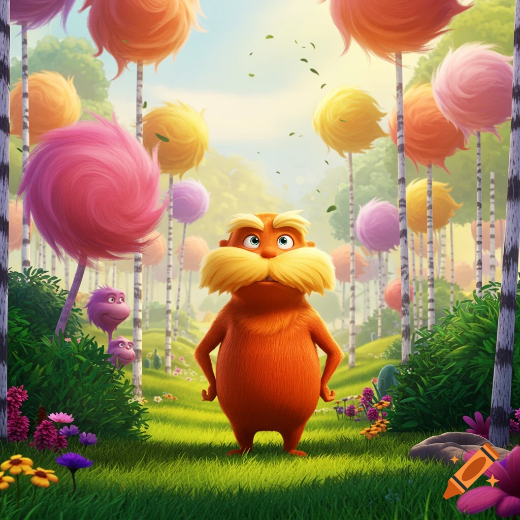 The Lorax stands in a vibrant, whimsical forest with colorful Truffula trees and bright flowers in a cartoon style.
