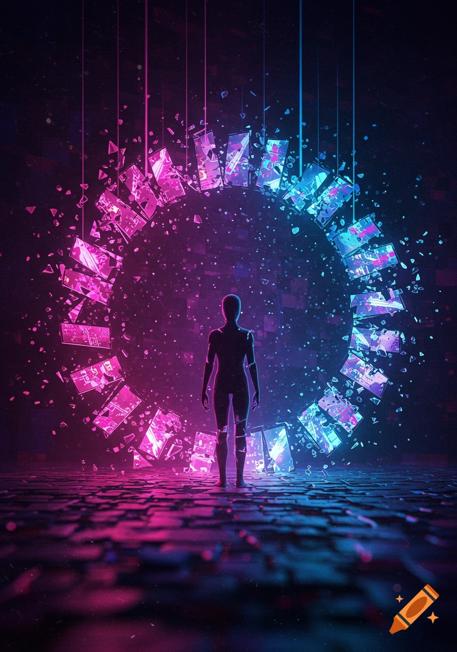A silhouetted figure stands in a dark, abstract digital space, encircled by shattered, glowing pink and blue fragments.