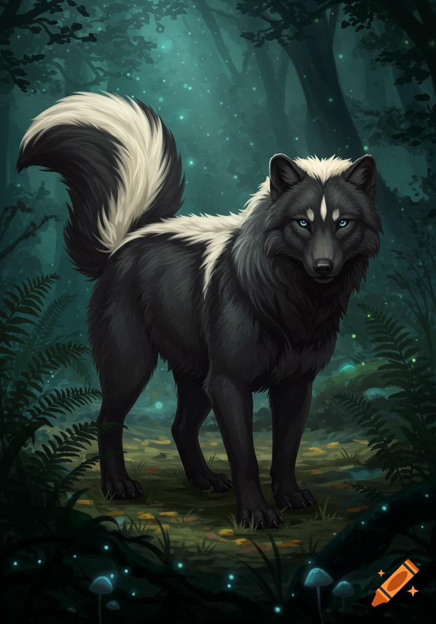 A majestic black wolf-like creature with white skunk-like markings and bright blue eyes stands in a dark, glowing fantasy forest.