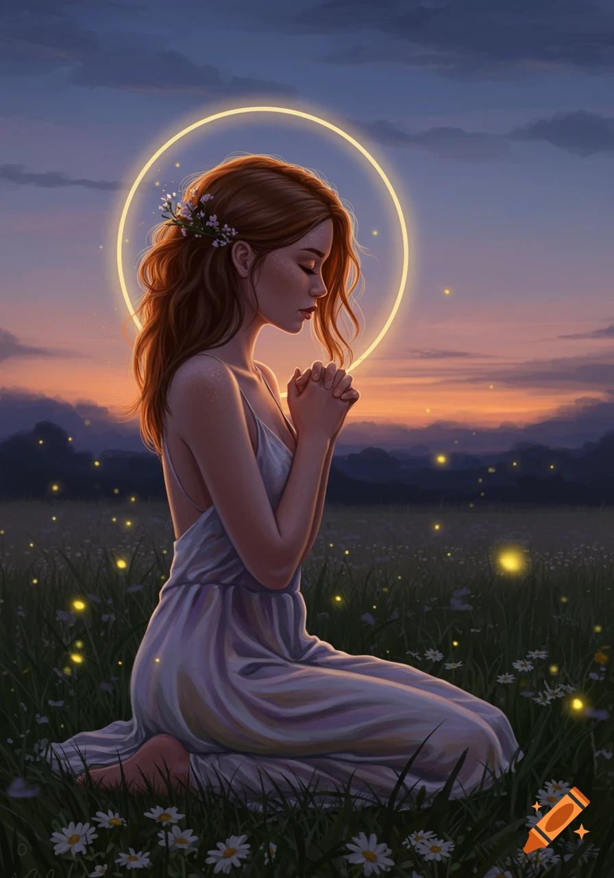 A serene woman with a glowing halo kneels in a field of daisies and fireflies, praying at sunset. Digital illustration.