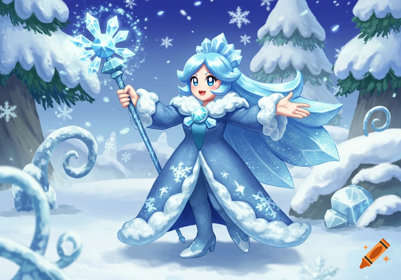 Francisca from Kirby, an anime ice character, stands in a snowy landscape holding a glowing snowflake staff.