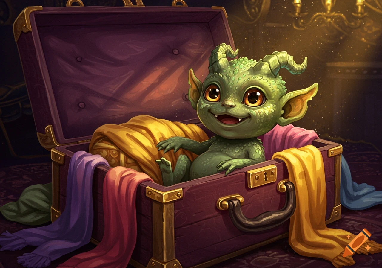 A cute green imp with horns and big eyes smiles from an open brown suitcase filled with colorful clothes.