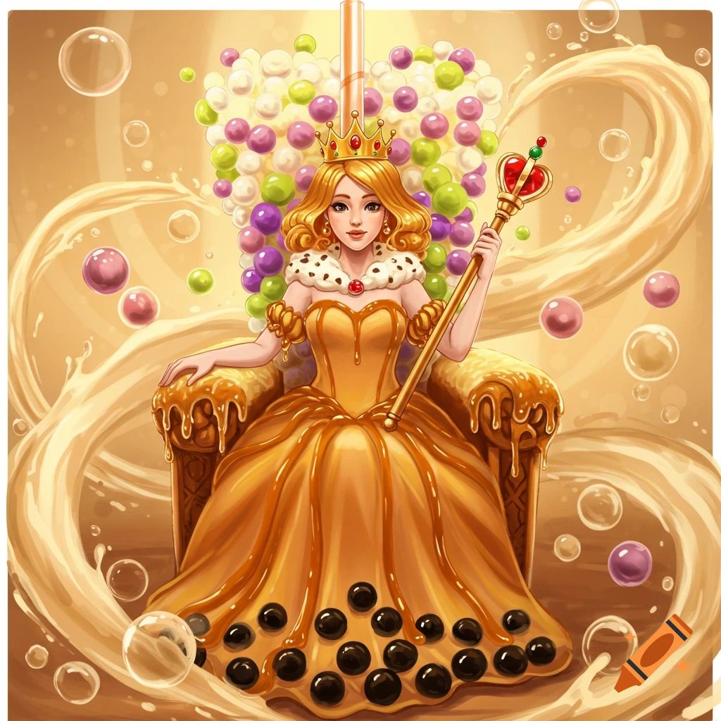 Cartoon queen in a golden gown with boba pearls, sitting on a caramel throne, holding a scepter, surrounded by colorful boba and milk tea.
