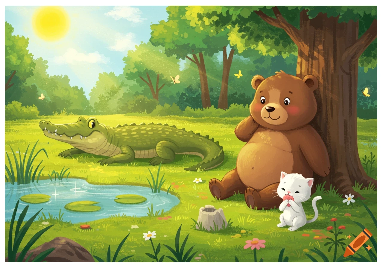 A colorful 2D kid's illustration of an alligator by a pond, a bear leaning on a tree, and a kitten grooming itself in a sunny forest.