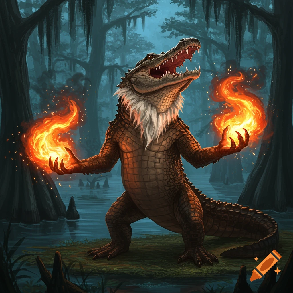 An anthropomorphic alligator with a white beard stands in a dark swamp, conjuring fire in its hands. Detailed fantasy art.
