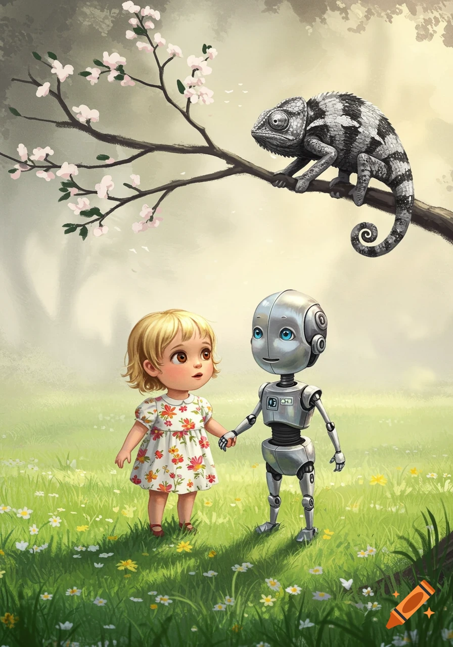 A blonde little girl in a floral dress holding hands with a silver robot in a grassy field. A black and white chameleon perches on a cherry blossom branch above them.