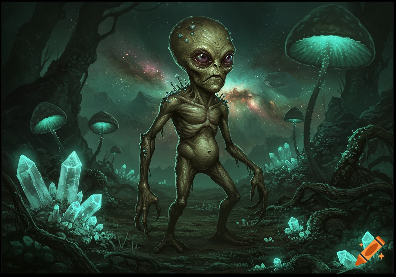 An ugly, gaunt alien with purple eyes stands in a dark, alien forest with glowing turquoise mushrooms, crystals, and a starry nebula.