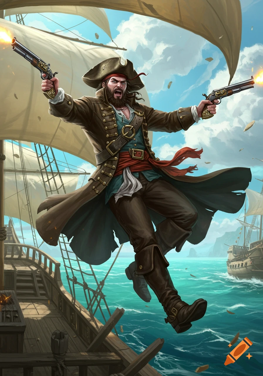 A fierce pirate gunslinger jumps in mid-air on a ship, firing two pistols, above a turquoise ocean and cloudy sky. Detailed illustration.
