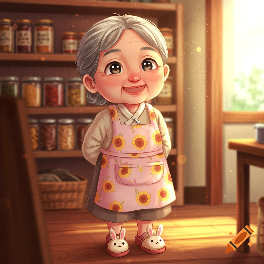 A cute cartoon illustration of a sweet old Asian woman with big eyes, wearing a pink sunflower apron and bunny slippers, standing in a sunlit kitchen.