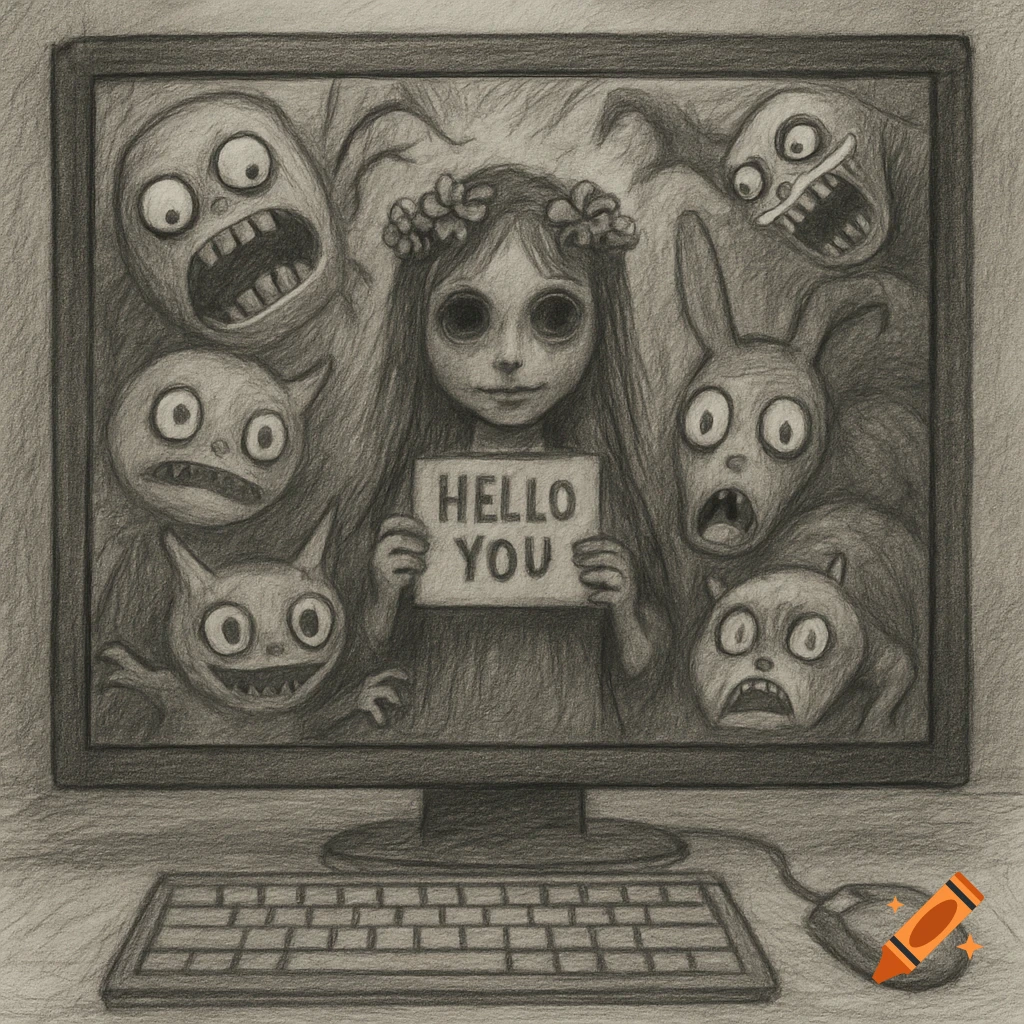 A monochromatic pencil drawing depicts a pale girl with black eyes holding a "Hello You" sign, surrounded by monstrous figures on a computer screen.