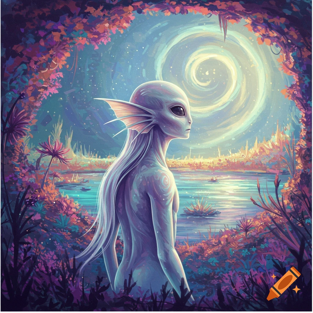 Vibrant painting of a pale, humanoid alien with long hair and gills, looking over a colorful alien landscape with a spiral moon.