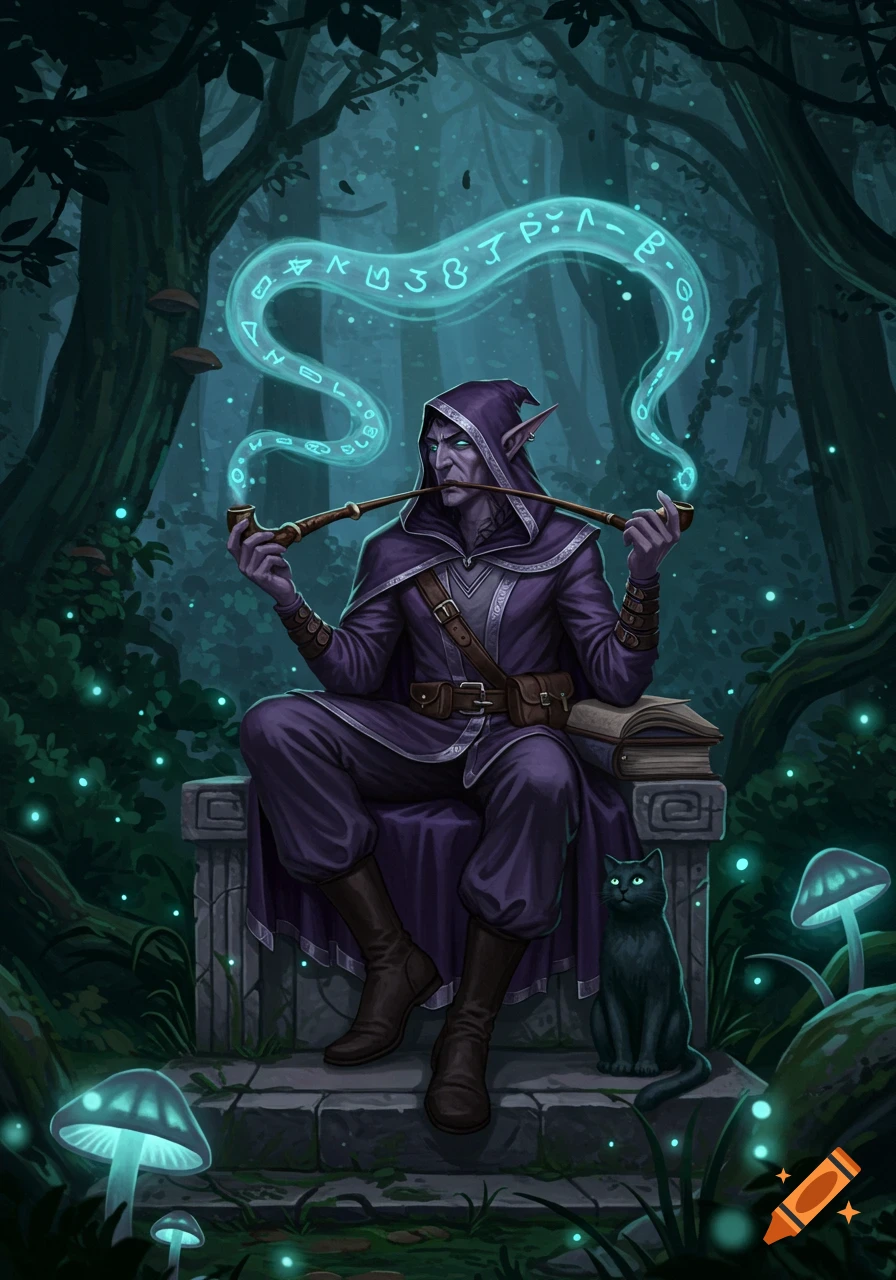 A dark elf wizard in purple robes smokes a pipe, emitting glowing runes, with a black cat beside him in a magical forest.