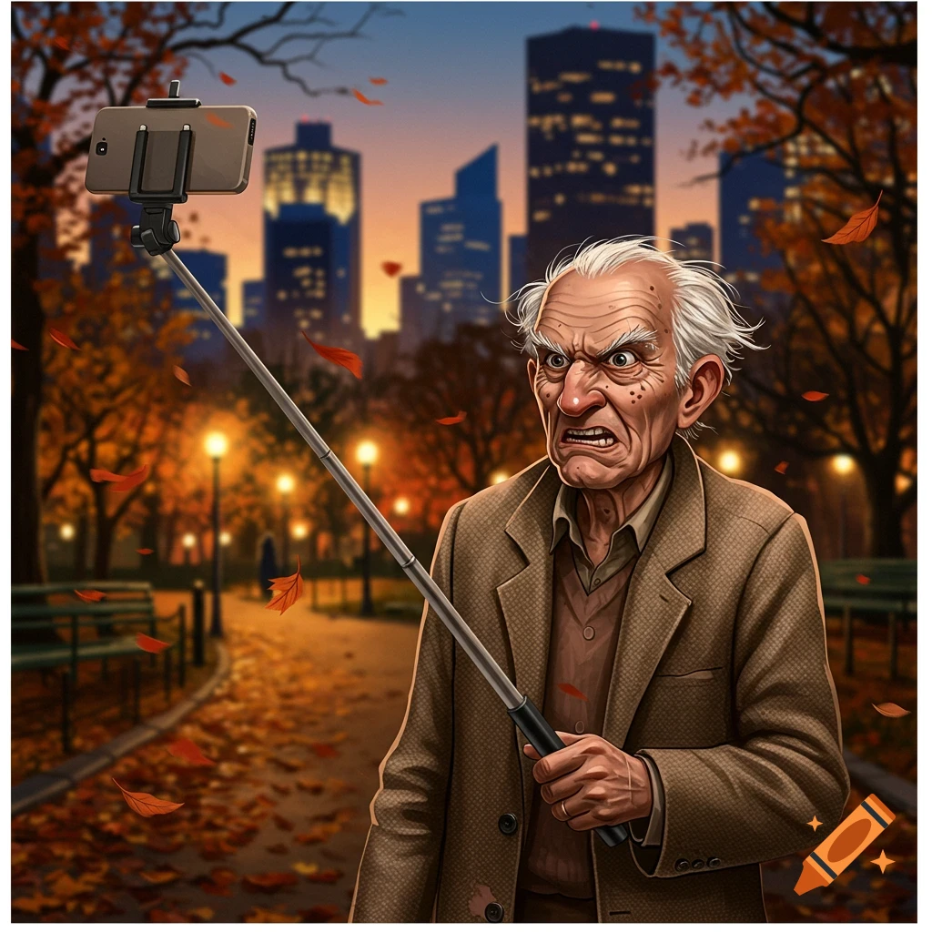Caricature of an angry old man holding a selfie stick in an autumn park with a city skyline at dusk.