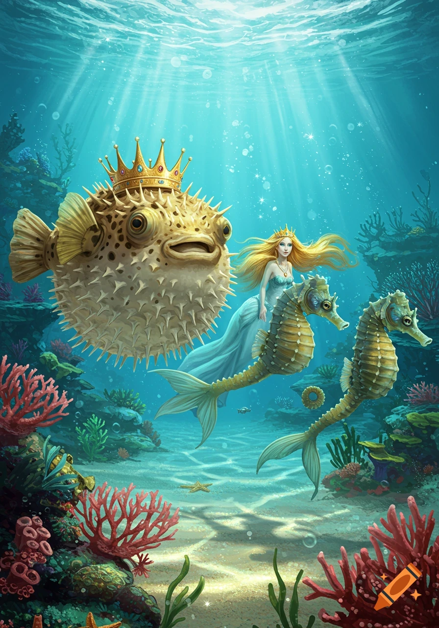 A crowned puffer fish king swims beside a mermaid queen riding two seahorses in a vibrant, sunlit underwater scene.