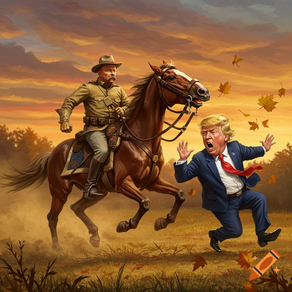 Painterly illustration of Theodore Roosevelt on horseback, chasing a startled Donald Trump through an autumn landscape.