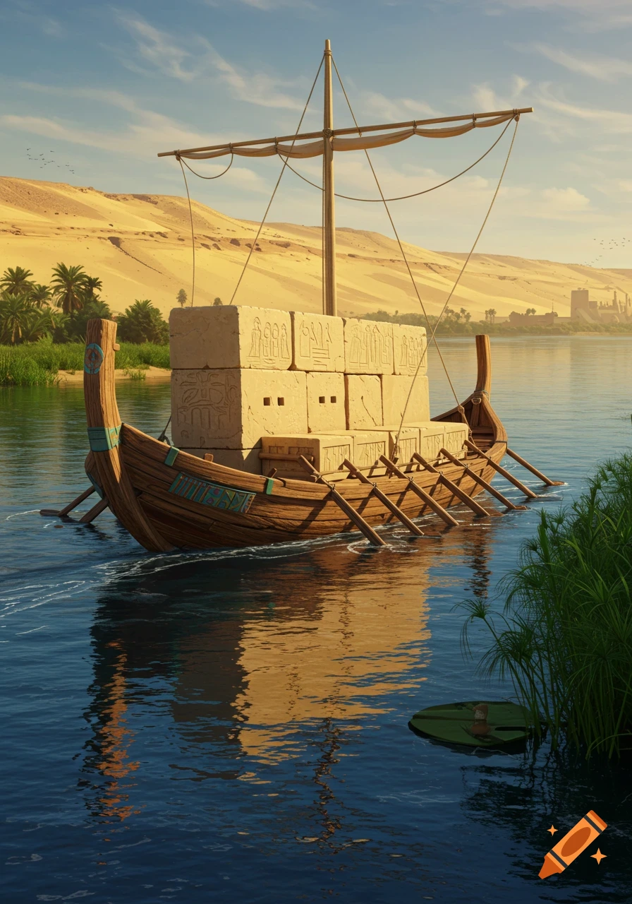An ancient Egyptian cargo boat with a sail and oars, laden with carved stone blocks, floats on a river with sandy dunes and palm trees in the background.