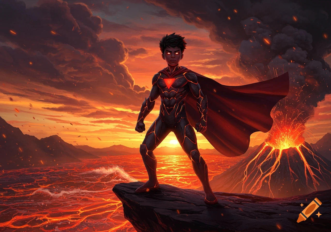 A boy superhero with glowing red eyes and a dark, lava-patterned suit stands on a rock amidst a fiery volcanic landscape with an erupting volcano.
