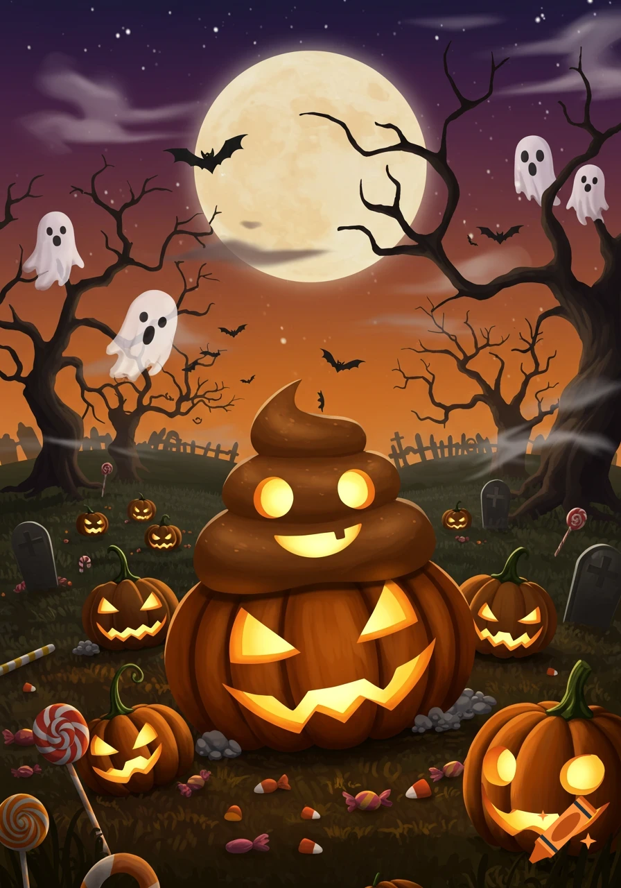 Cartoon Halloween night with a smiling poop emoji on a jack-o'-lantern, surrounded by ghosts, bats, pumpkins, candy, and gravestones under a full moon.