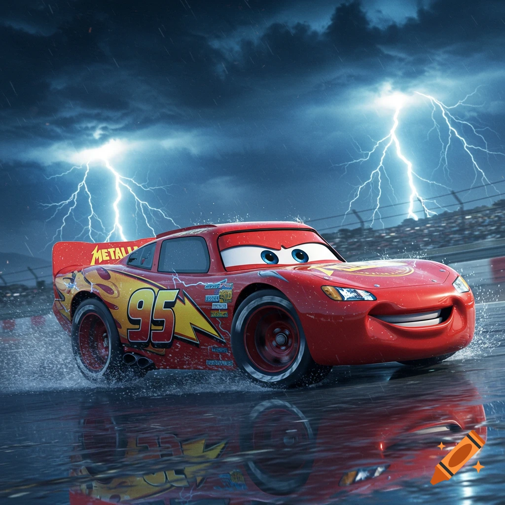 Lightning McQueen races on a wet track under a stormy, lightning-filled sky. He has 'Metallica' branding on his spoiler and other sponsor logos on his red and yellow body.