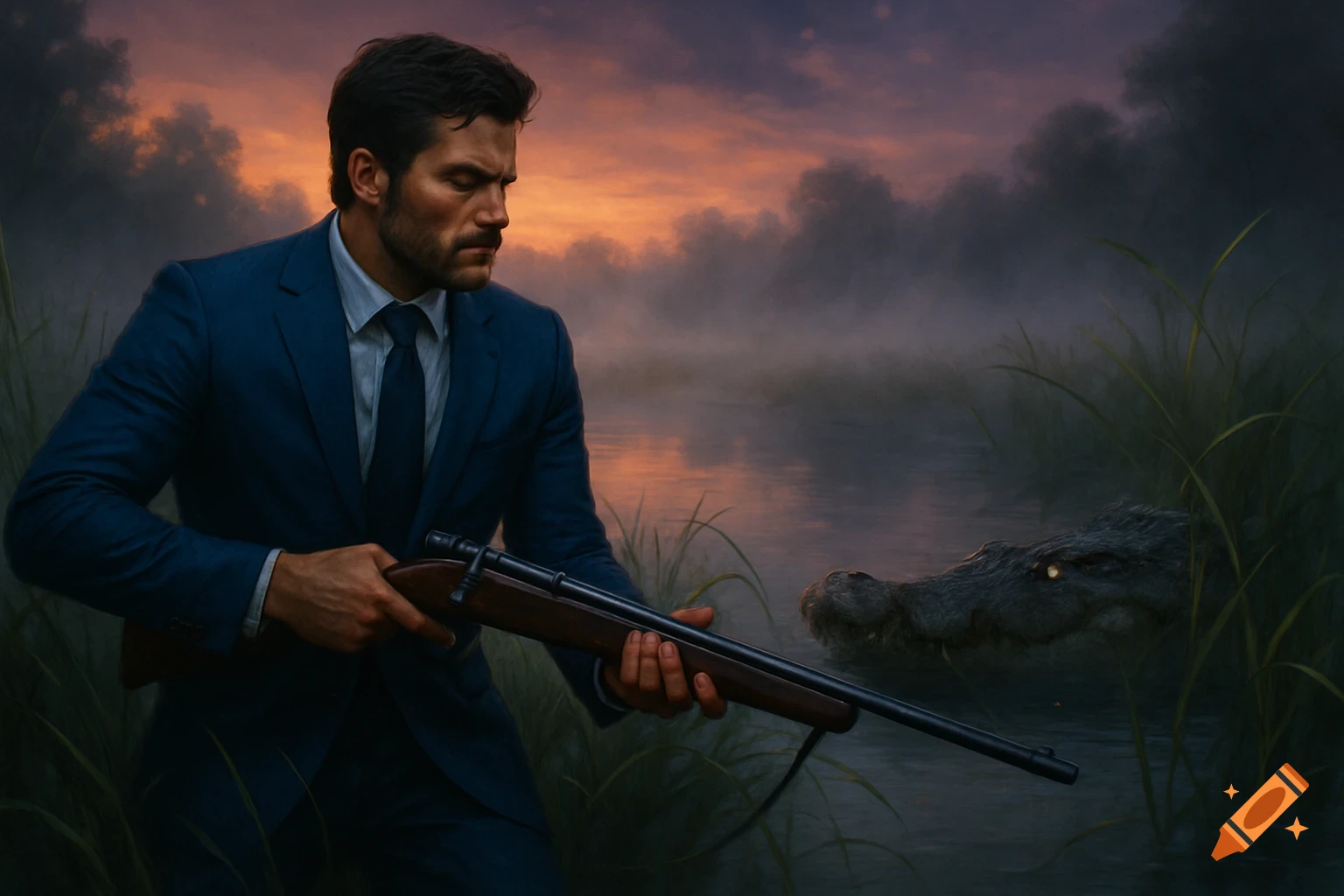 A man in a blue suit holds a rifle, hunting an alligator in a misty swamp at sunset. Photorealistic painting.